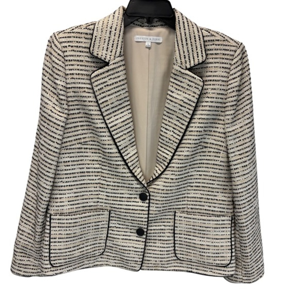Preston & York Tweed Blazer 16 Beige‎ Black Stripe 2 Button Notched Lapel